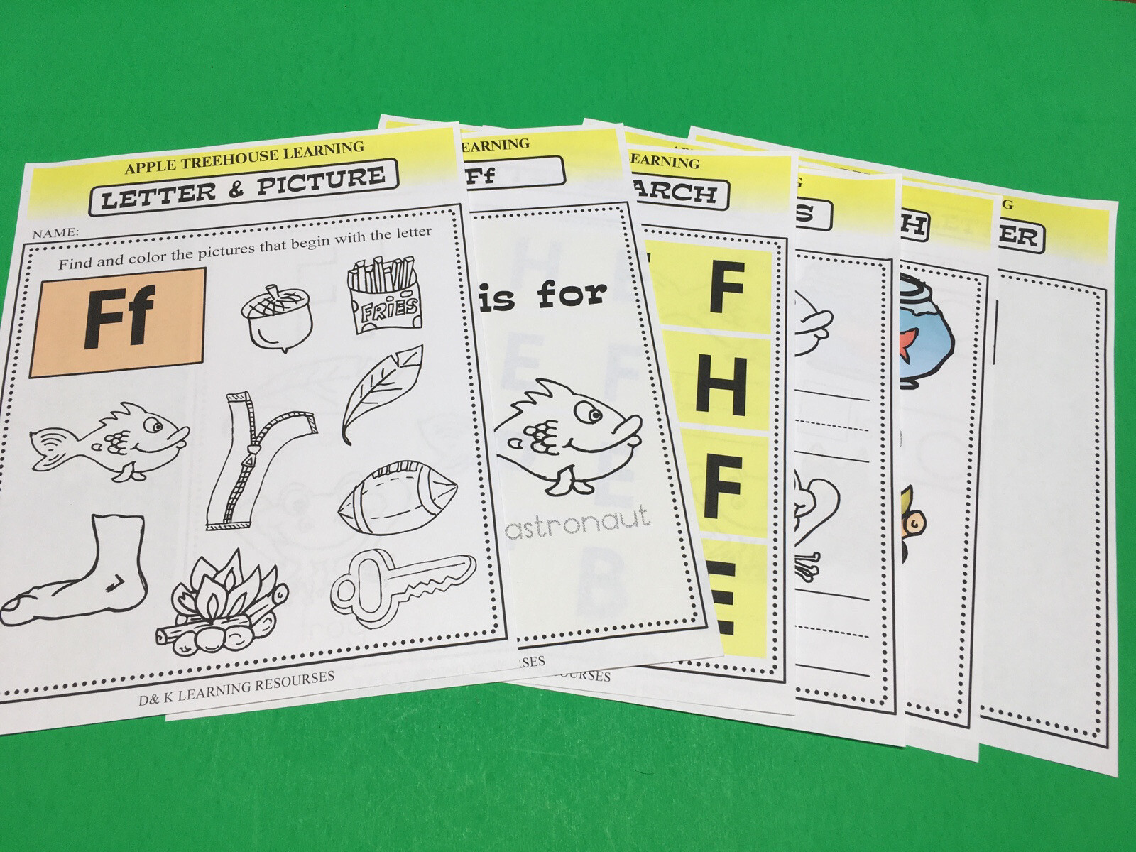 Letter Ff – Apple Treehouse Worksheets – Preschool Teaching supplies 20pgs