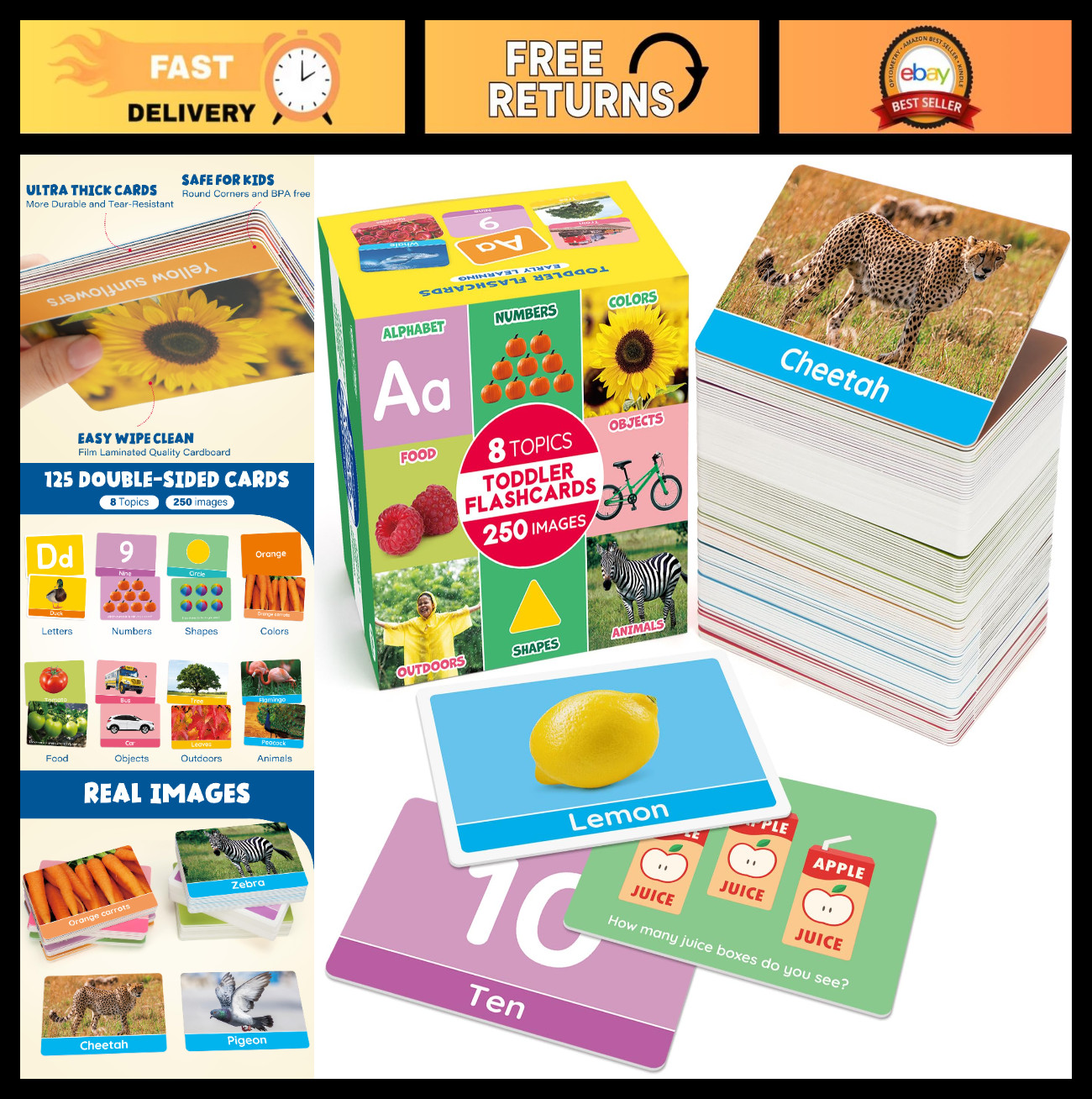 Extra Thick Educational Flash Cards for Toddlers – 250 Double-Sided Images, Alph