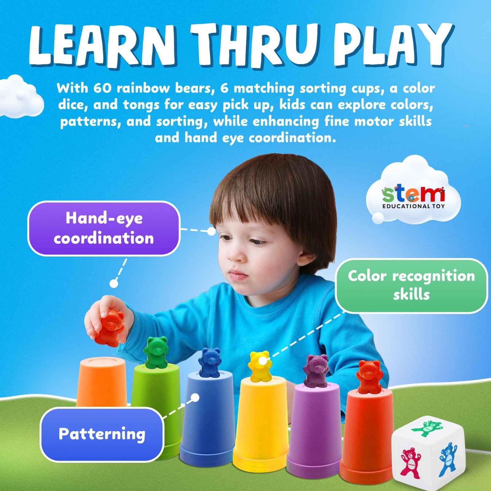 Skoolzy Counting Bears Set – 70 Pc Color Sorting Sensory Toys for Toddlers 3-4