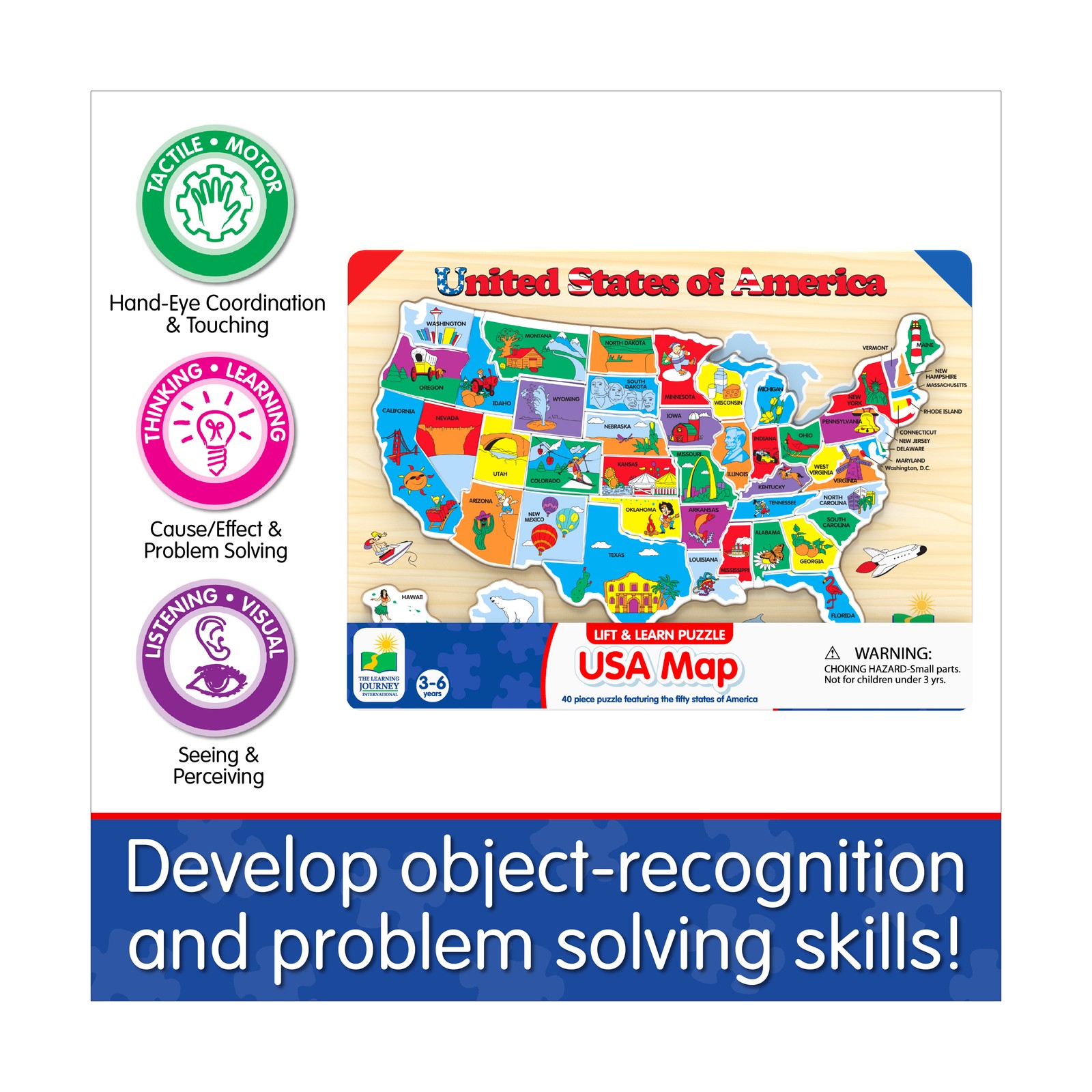 New – The Learning Journey Lift & Learn Puzzle – USA Map: 40 Pcs – Ages 3-6