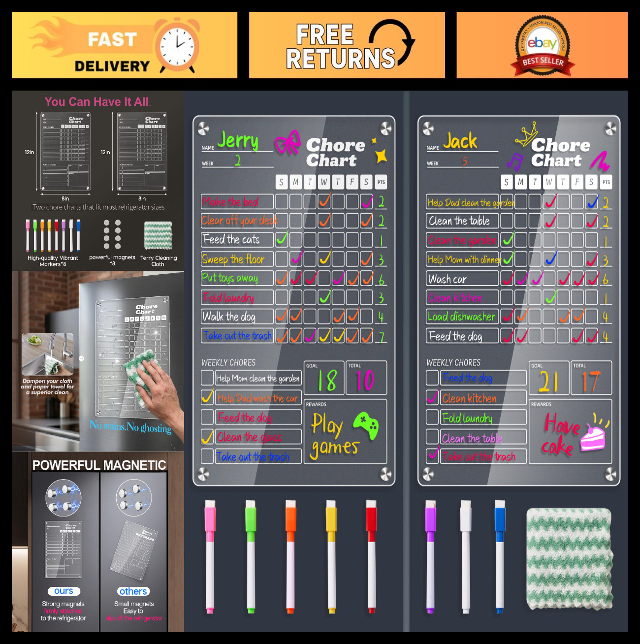 Acrylic Magnetic Chore Chart Set for Kids & Adults – Dry Erase Reward Board, 12″