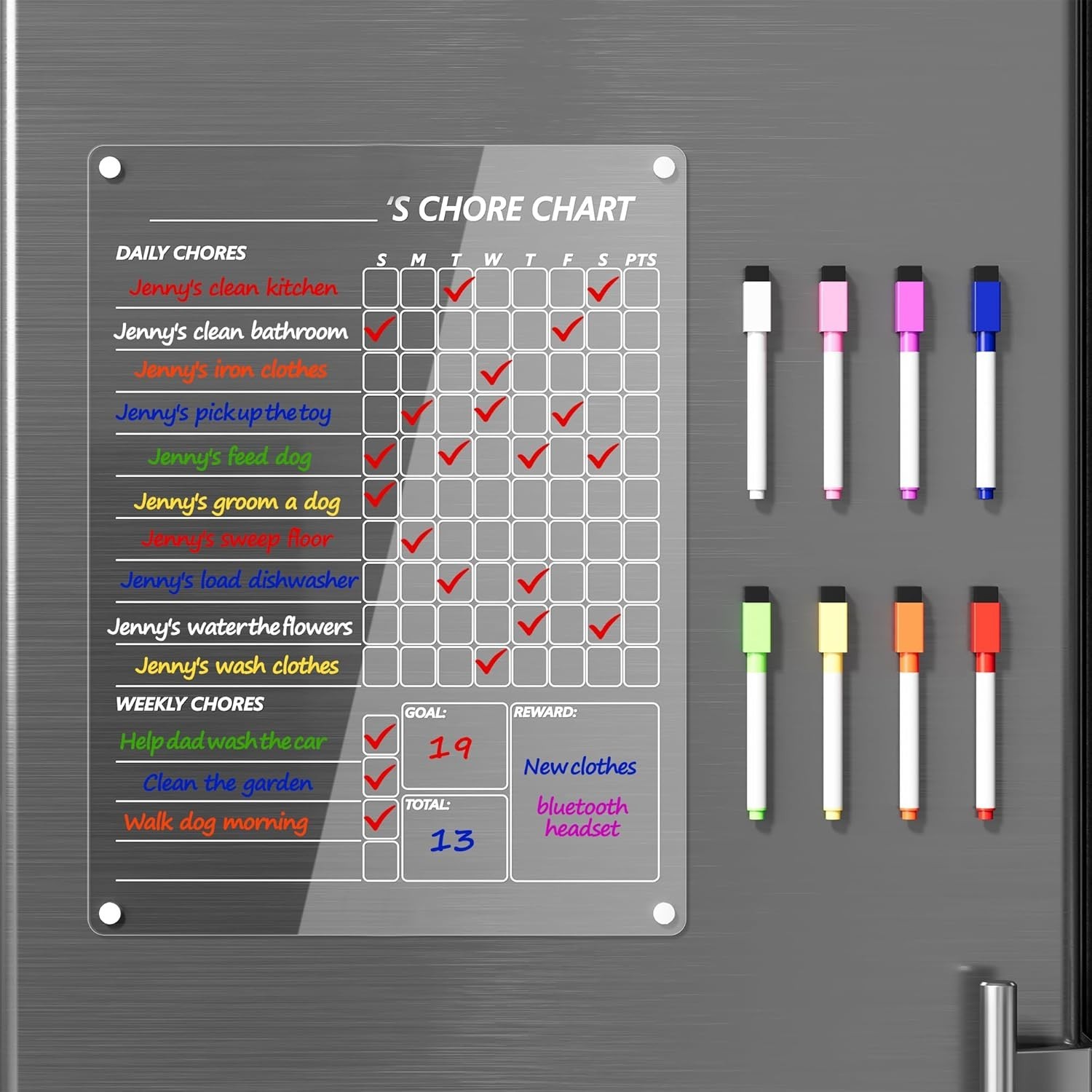 Stylish 12”x9” Acrylic Dry Erase Chore Chart with 8 Color Markers for Families