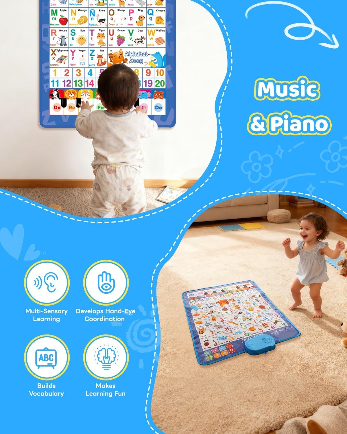 Spanish Alphabet Talking Wall Chart Toddlers 1-6 ABC 123 Interactive Music Quiz