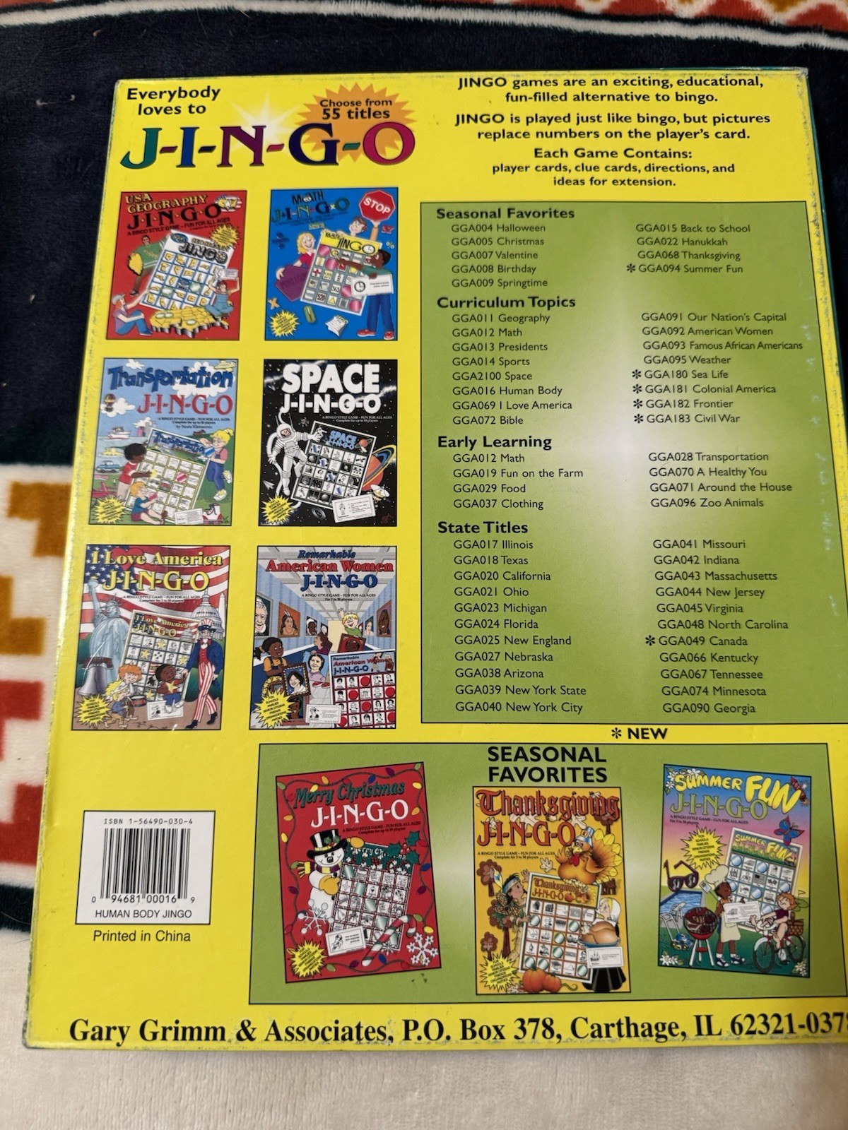JINGO Human Body Bingo Educational Game by Gary Grimm School Homescho