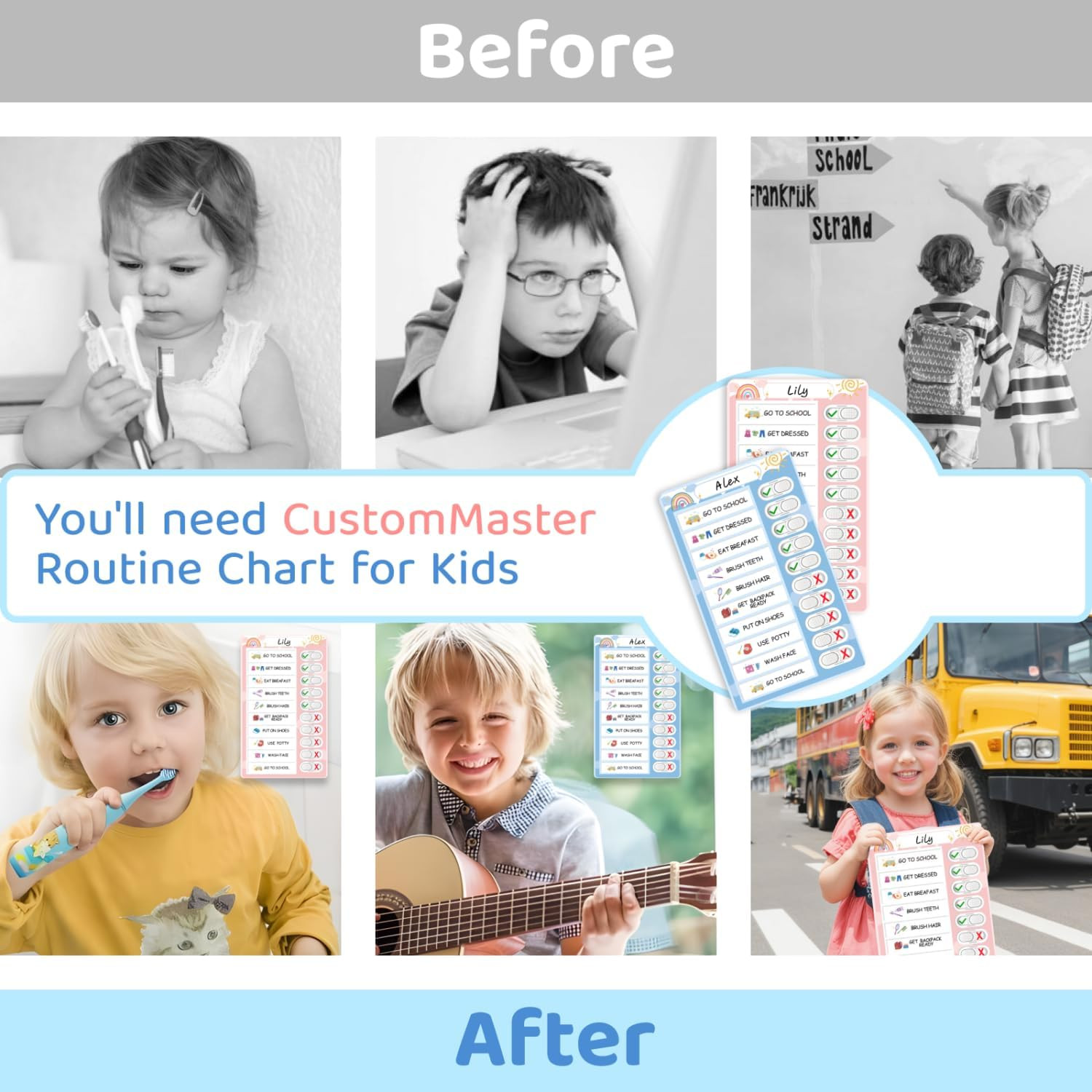 2 in 1 Namable Chore Chart for Kids, Dry Erase Morning/Bedtime Routine Chart for