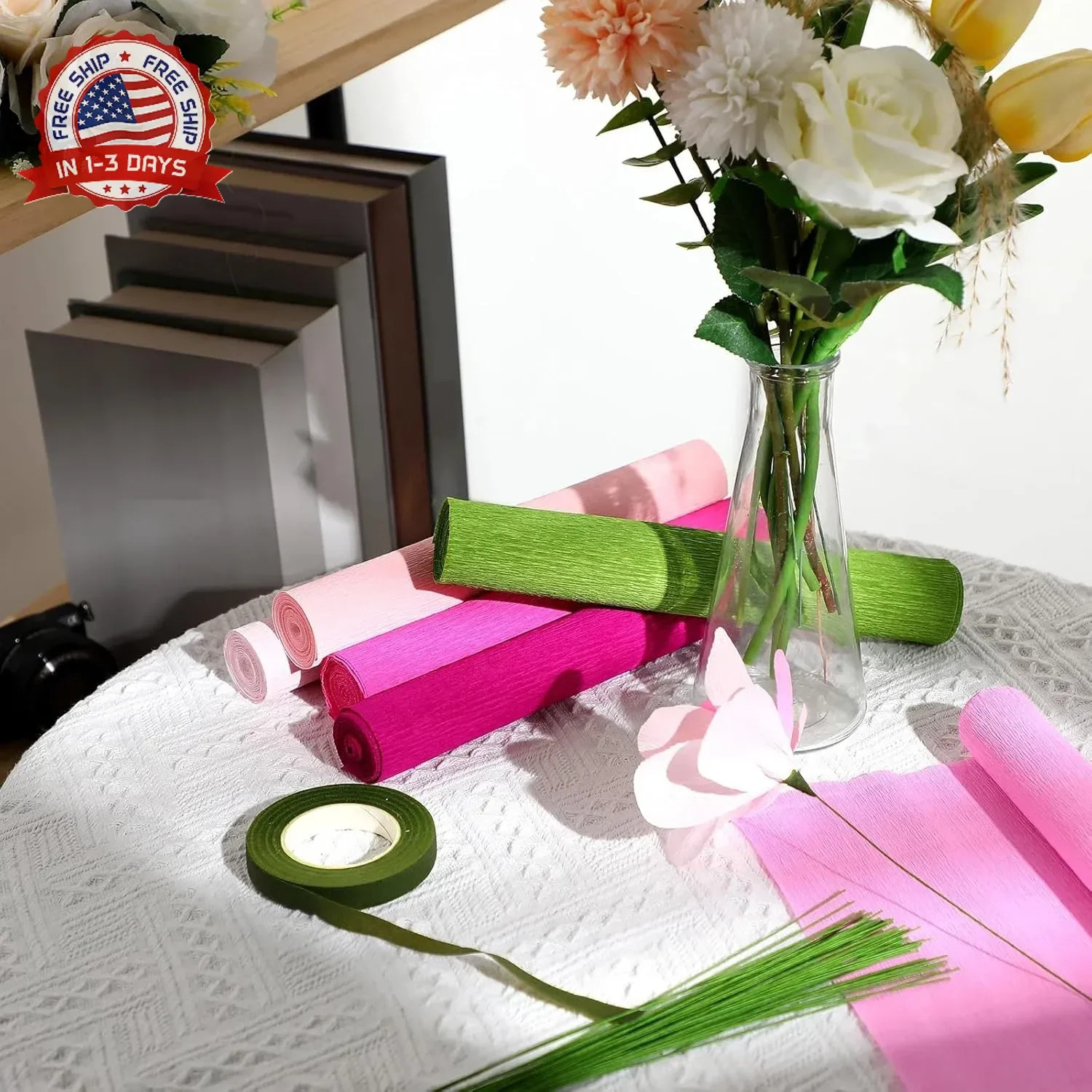 Gersoniel 57 Pcs Crepe Paper Flower DIY Kits 6 Rolls 35g Papel Crepe Sheets 50 P