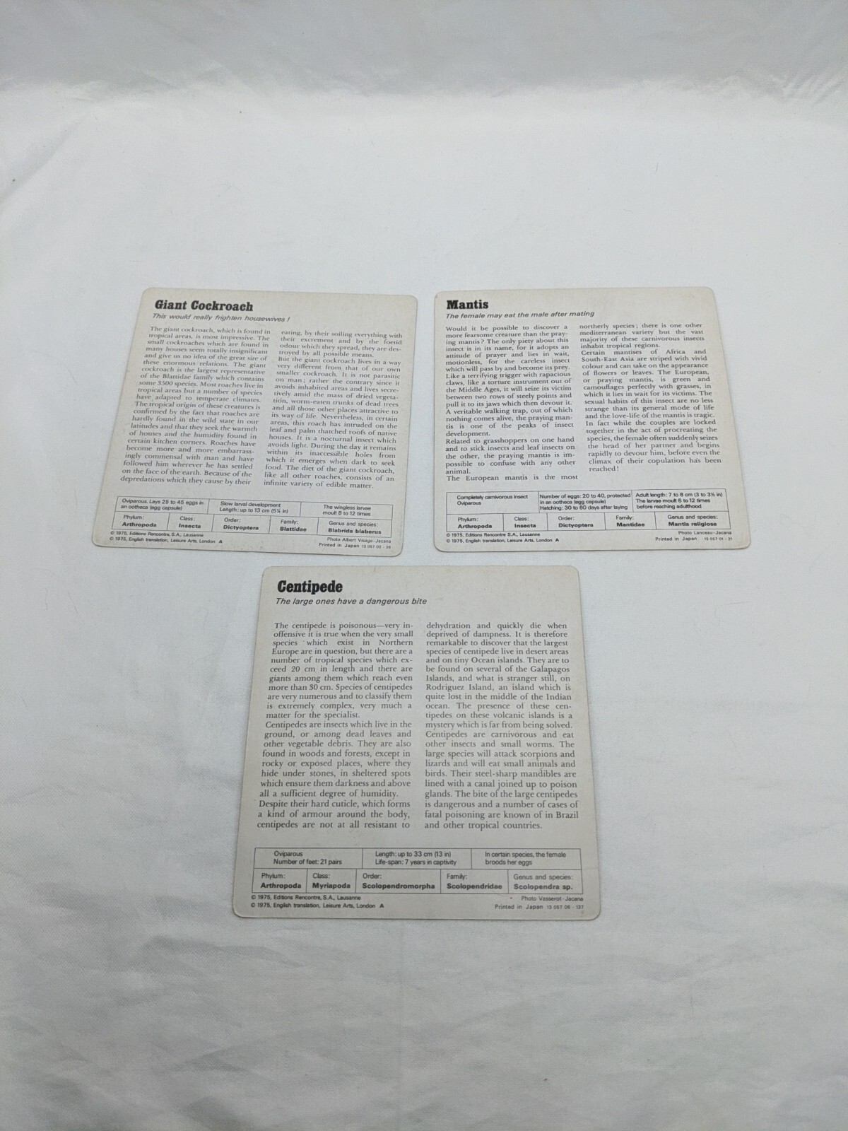 Lot Of (3) 1975 Rencontre Arthropods III Education Cards