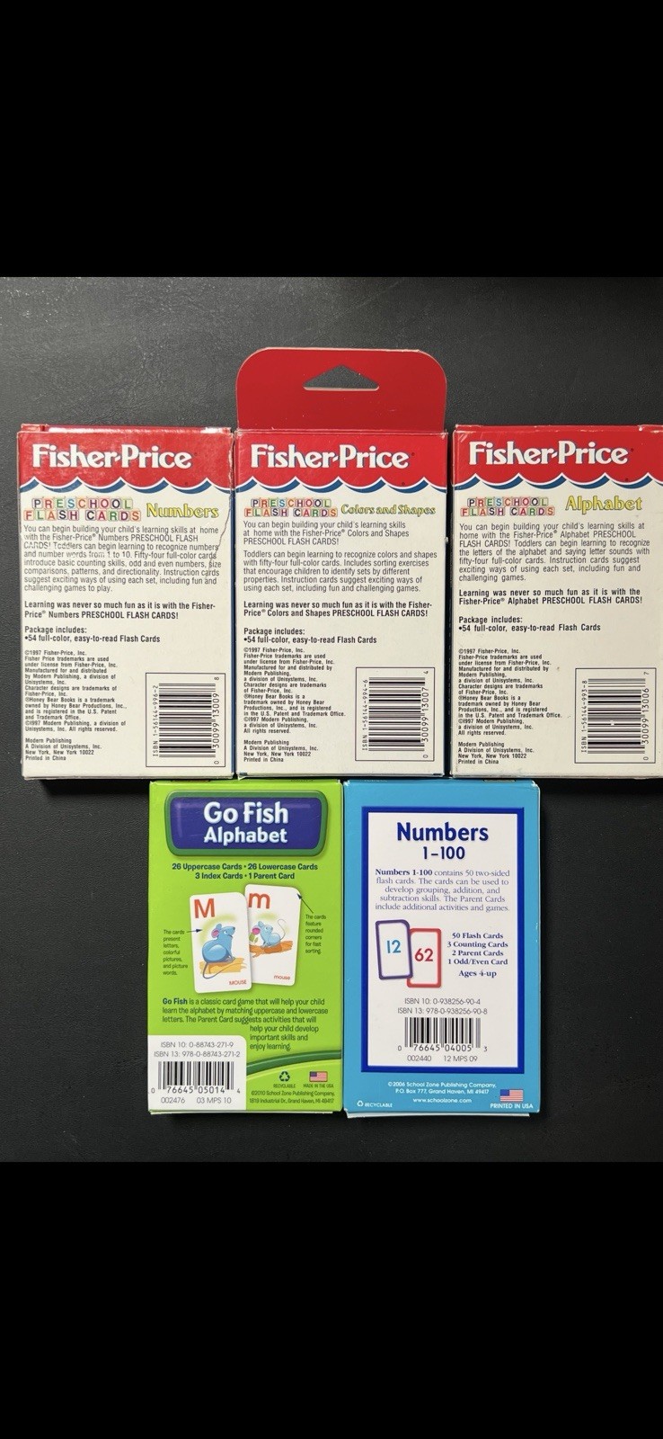 Fisher Price Flash Cards Numbers, Colors/Shapes, Alphabet And Go Fish – LOT OF 5