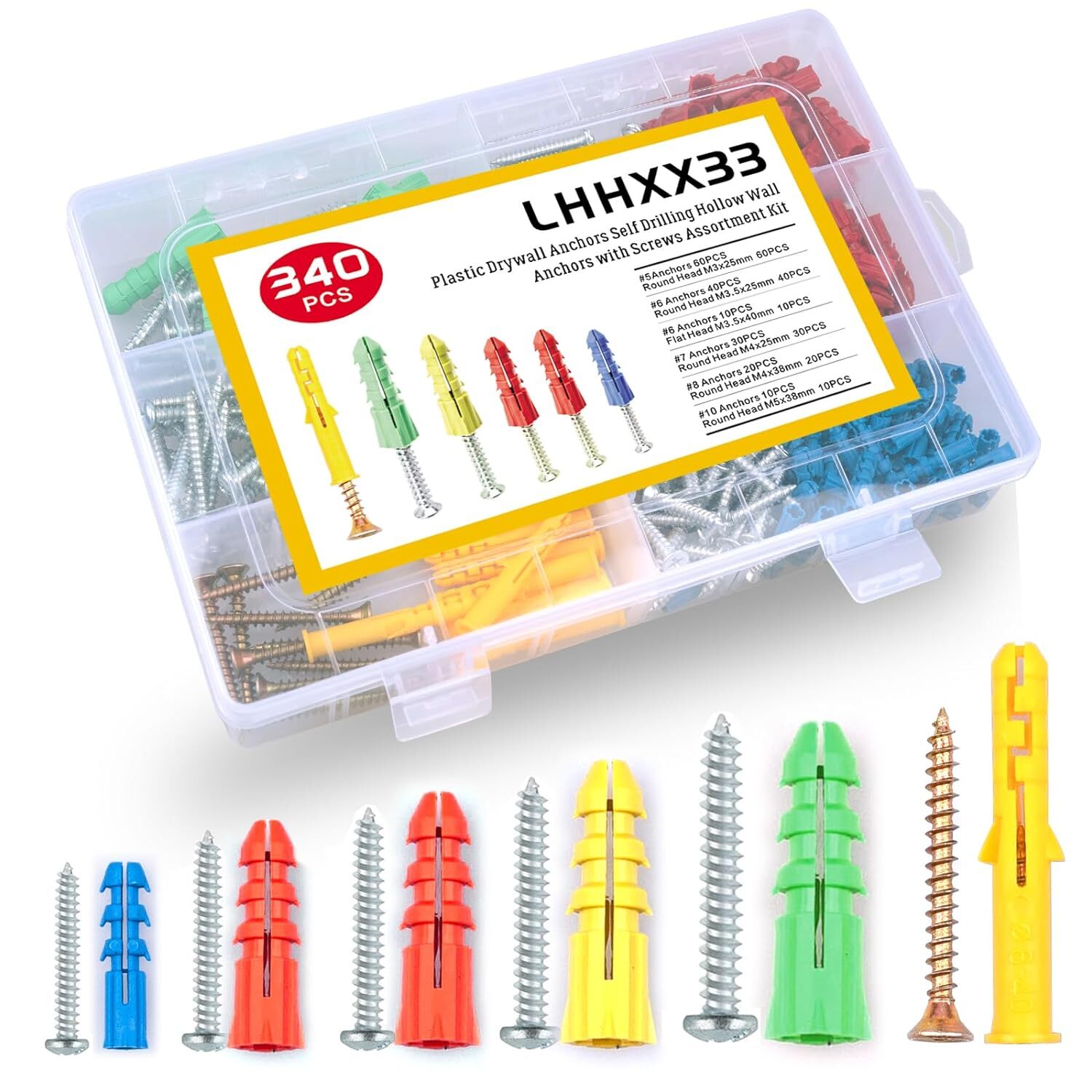 340-Piece Drywall Anchors & Screws – 170 Plastic Wall Anchors, 170 Screws –