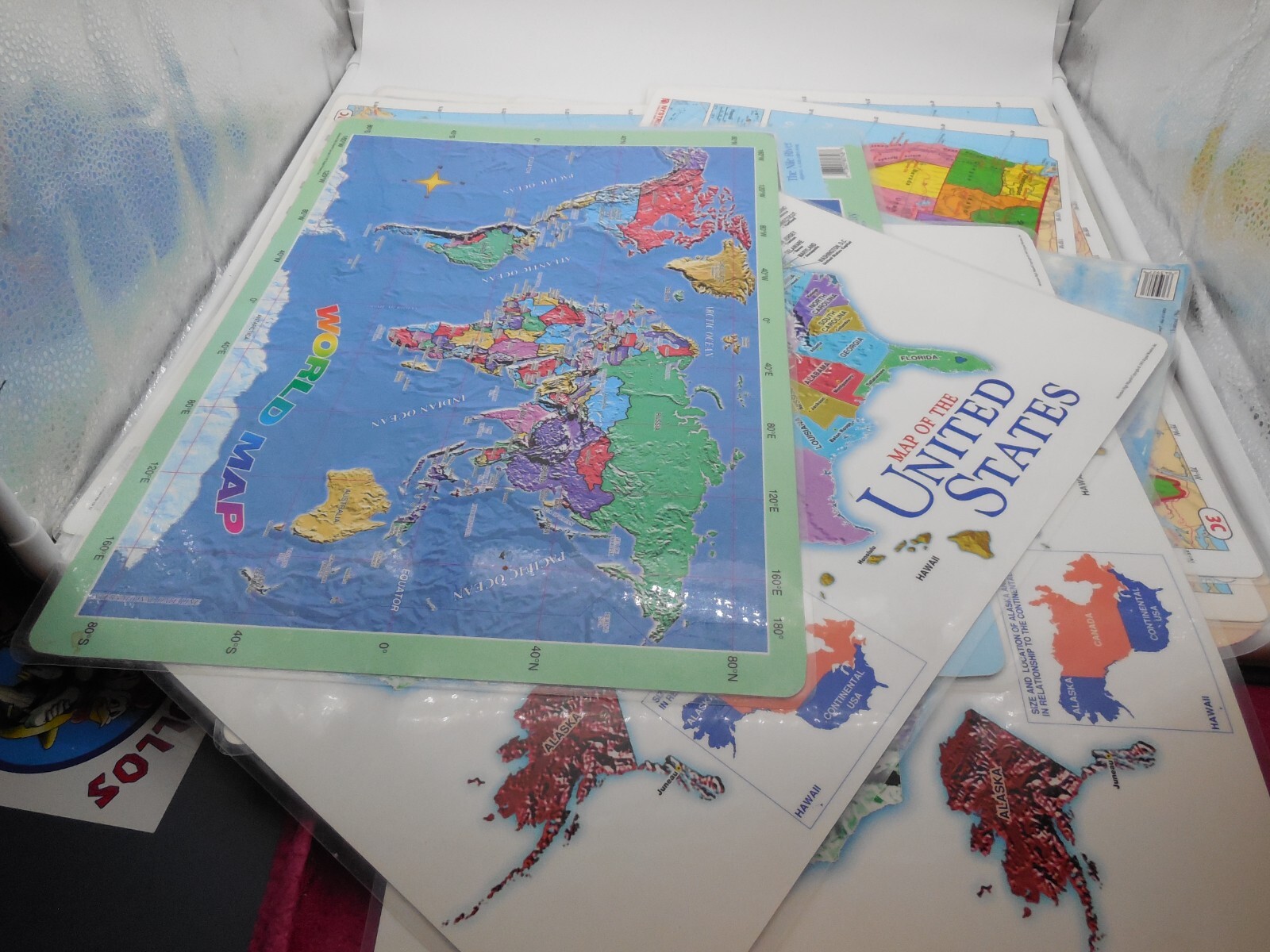 AH Table Desk Placemat Geography Reversible US Map, World Map Wall Poster Lot