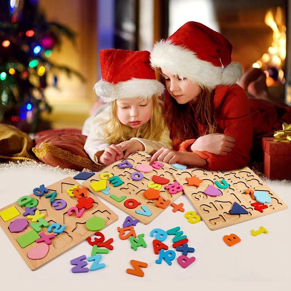Wooden Alphabet Letters Numbers Learning Educational Jigsaw Puzzle Kids Baby Toy