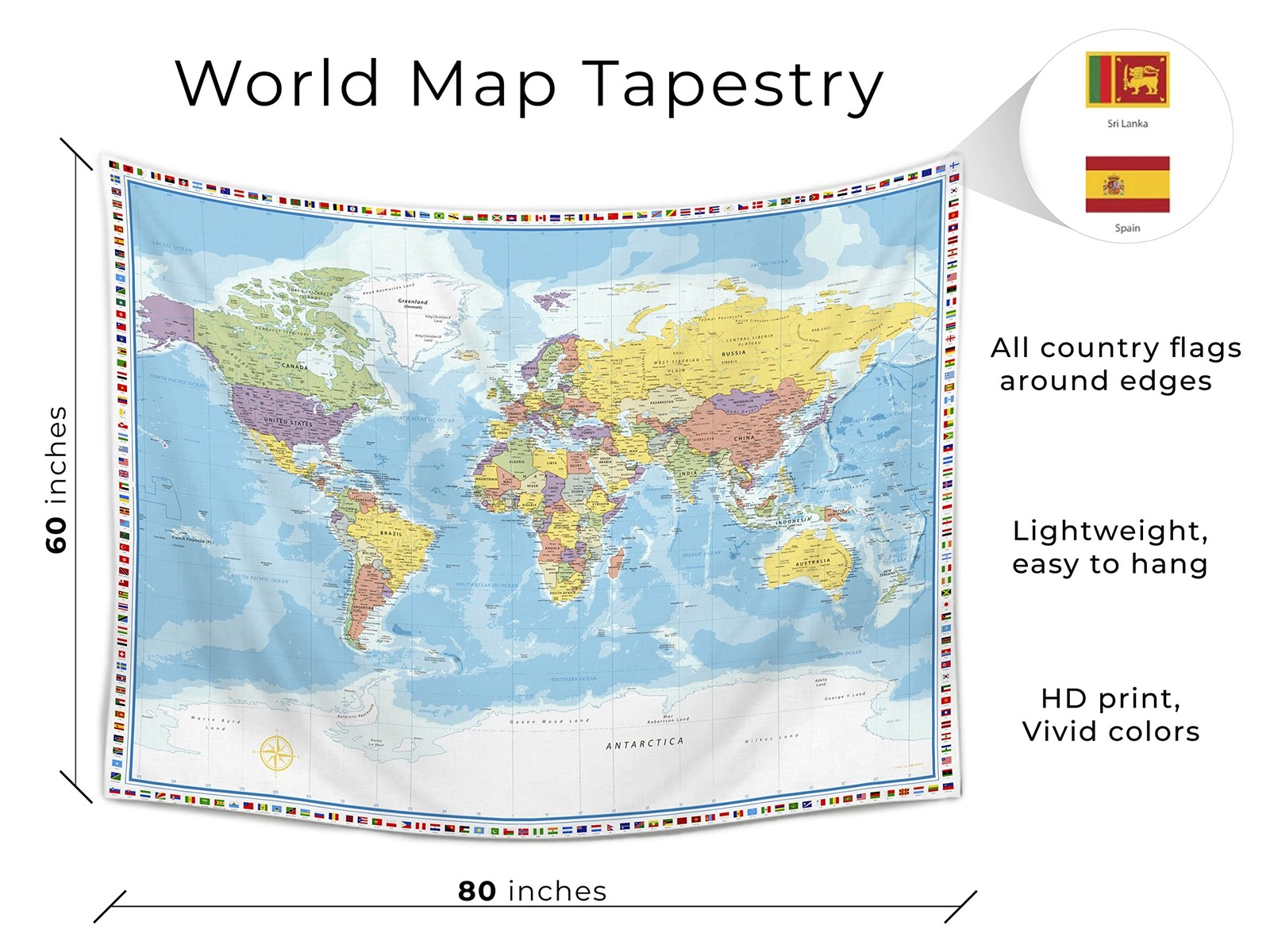 Large World Map Tapestry Wall Hanging For Kids Educational With Country Flags…