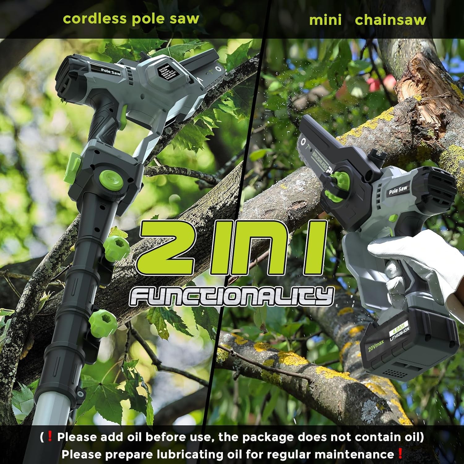2-in-1 Cordless Pole Saw (2025 Upgraded), 7 Inch Brushless Mini Chainsaw with