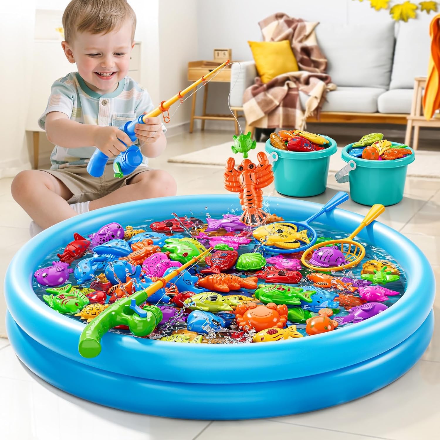 JUKUDAHU Magnet Fishing Toys Game Floating Fish Inflatable Pool Pole Rod