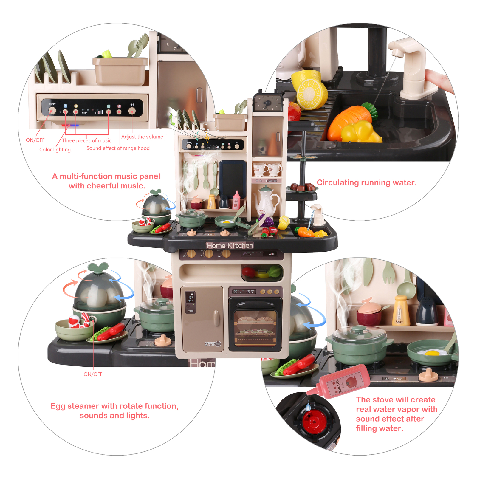Kids Deluxe Kitchen Cooking Playset with Steam & Water Effects – 65 Accessories