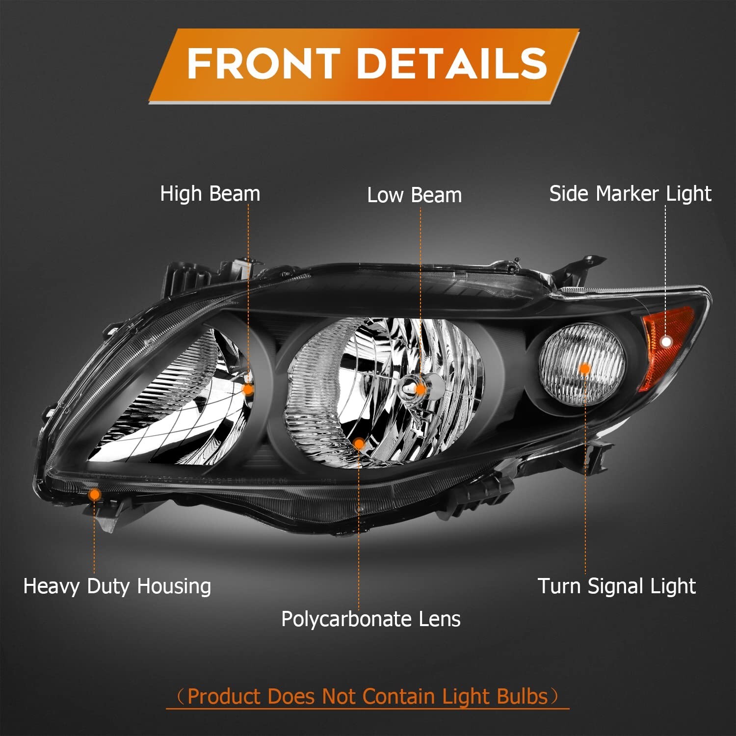 Headlight Assembly for Toyota Corolla 2009 2010 Black Housing Amber Reflector…
