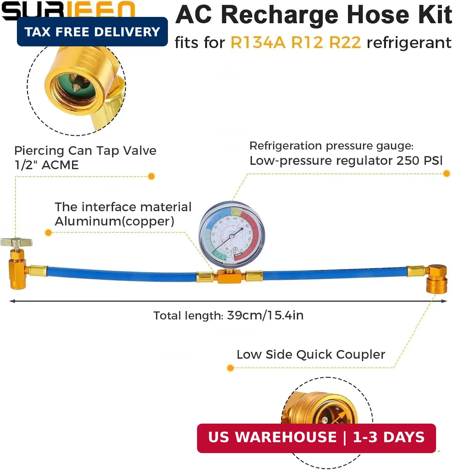 R134A R22 R12 AC Refrigerant Recharge Hose Kit | AC Recharge Hose with R134A Pie