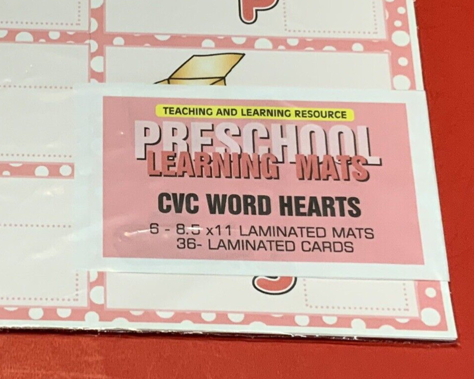 CVC Word Hearts – Set of 6 Learning Mats / Cards – Laminated Activity