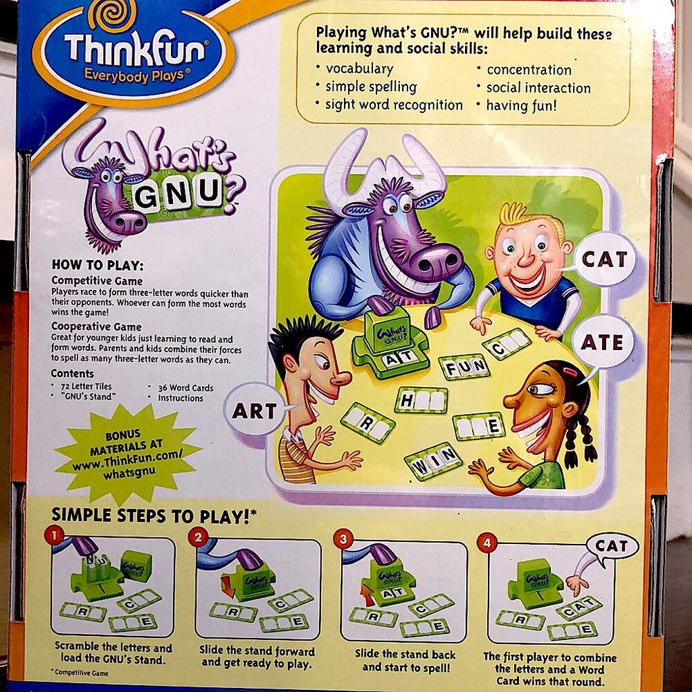 THINKFUN WHAT’S GNU? The 3-Letter Award Winning Learning Game Ages 5+ NWT