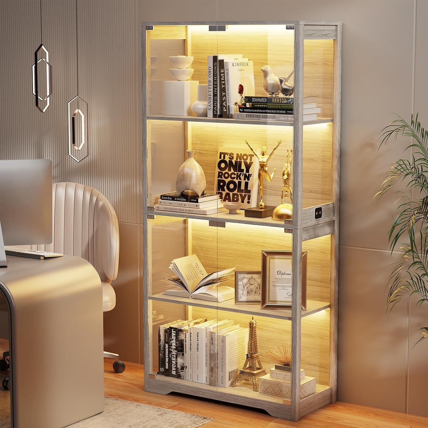 Display Cabinet with Glass Doors, 4-Tier Curio Cabinet with 3 Color Lights for