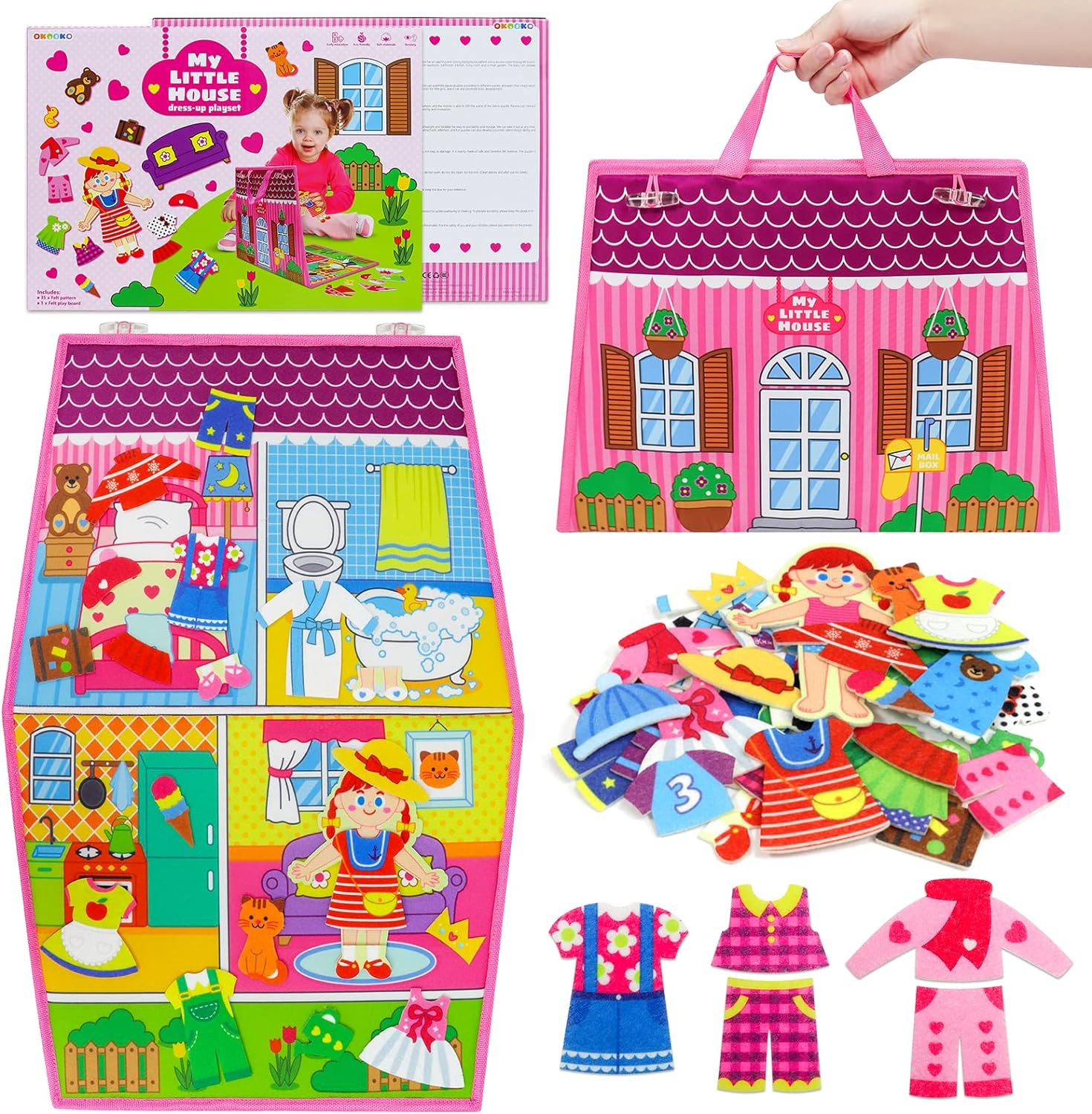 Dress up House Felt Board 35PCS Double-Sided Foldable Dress up Teaching Girls To