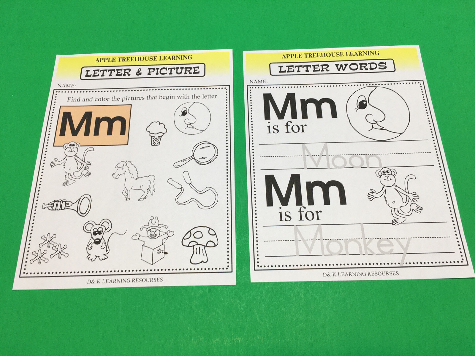 Letter Mm – Apple Treehouse Worksheets – Preschool Teaching supplies 20pgs