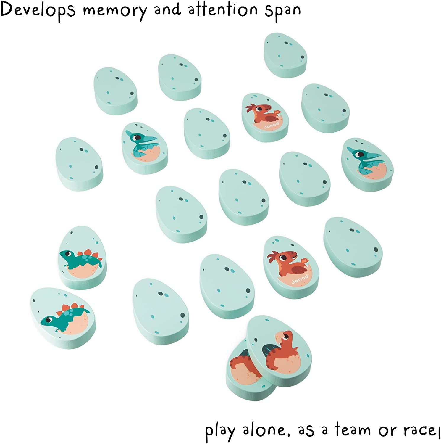 Janod Game-20 Egg-Shaped Wooden Pieces-10 Pairs of Baby Dinosaurs-Children’s Mem