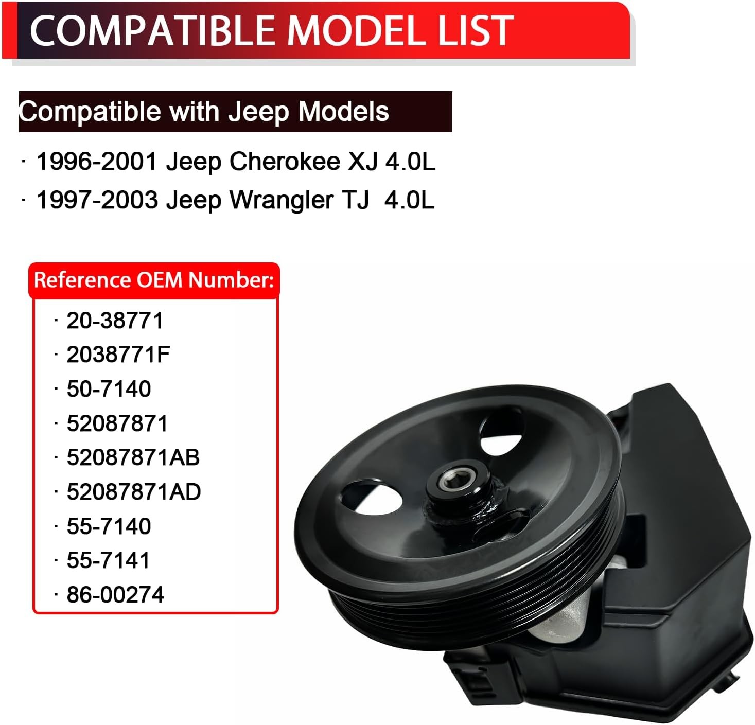 20-38771 Power Steering Pump with Pulley & Reservoir compatible with Jeep