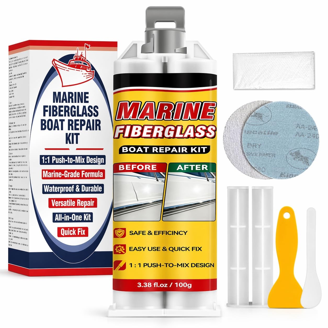 Marine Fiberglass Repair Kit for Boats, Gelcoat Repair Kit with Waterproof Epoxy