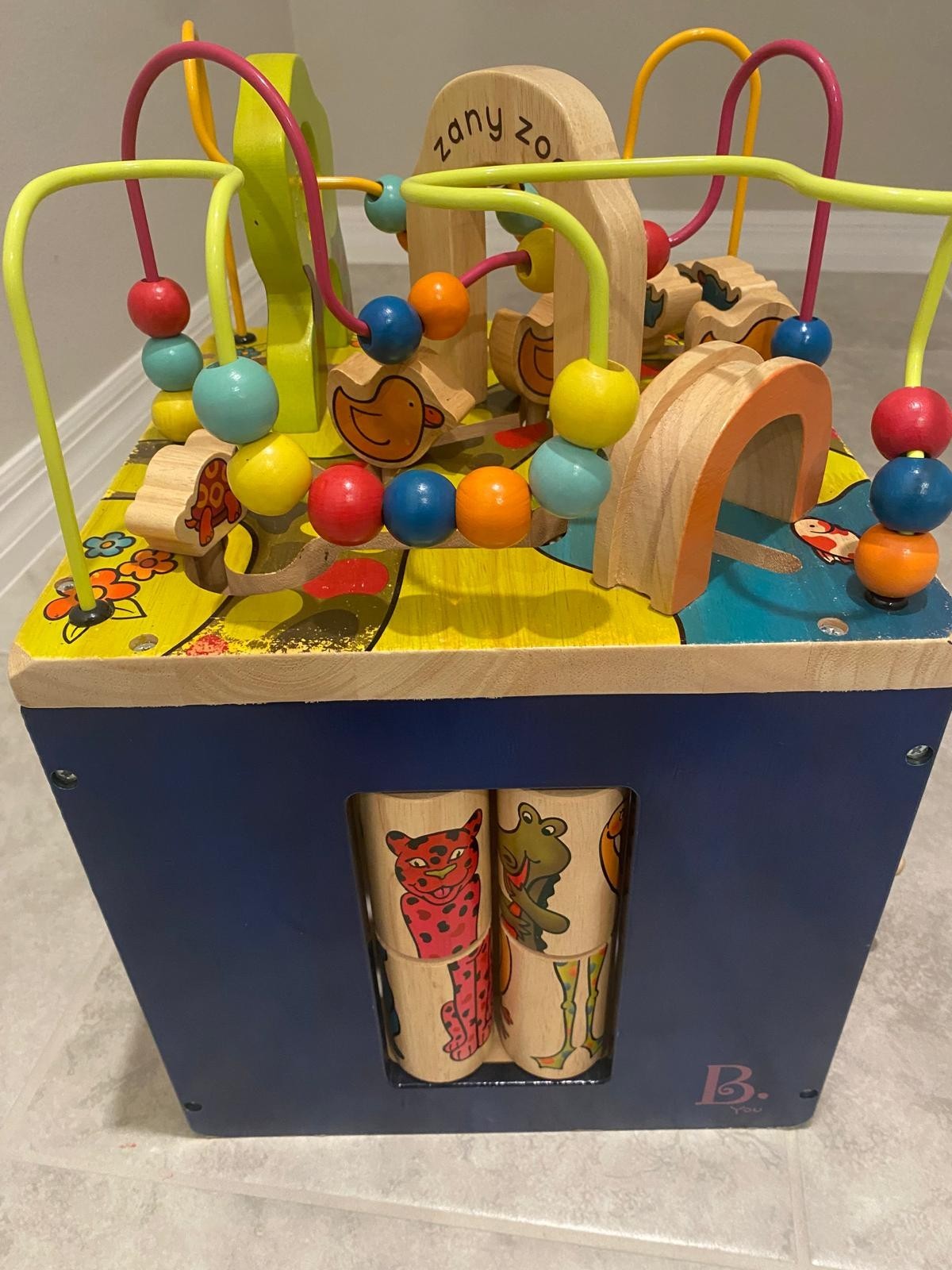 B. toys Zany Zoo Wooden Activity Cube w/ Bead Maze, Animal Blocks & Spinners