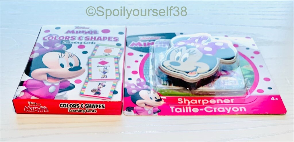 New Lot of 2 Disney Junior Minnie Colors/Shapes 36 Cards & Crayon Sharpener 4+