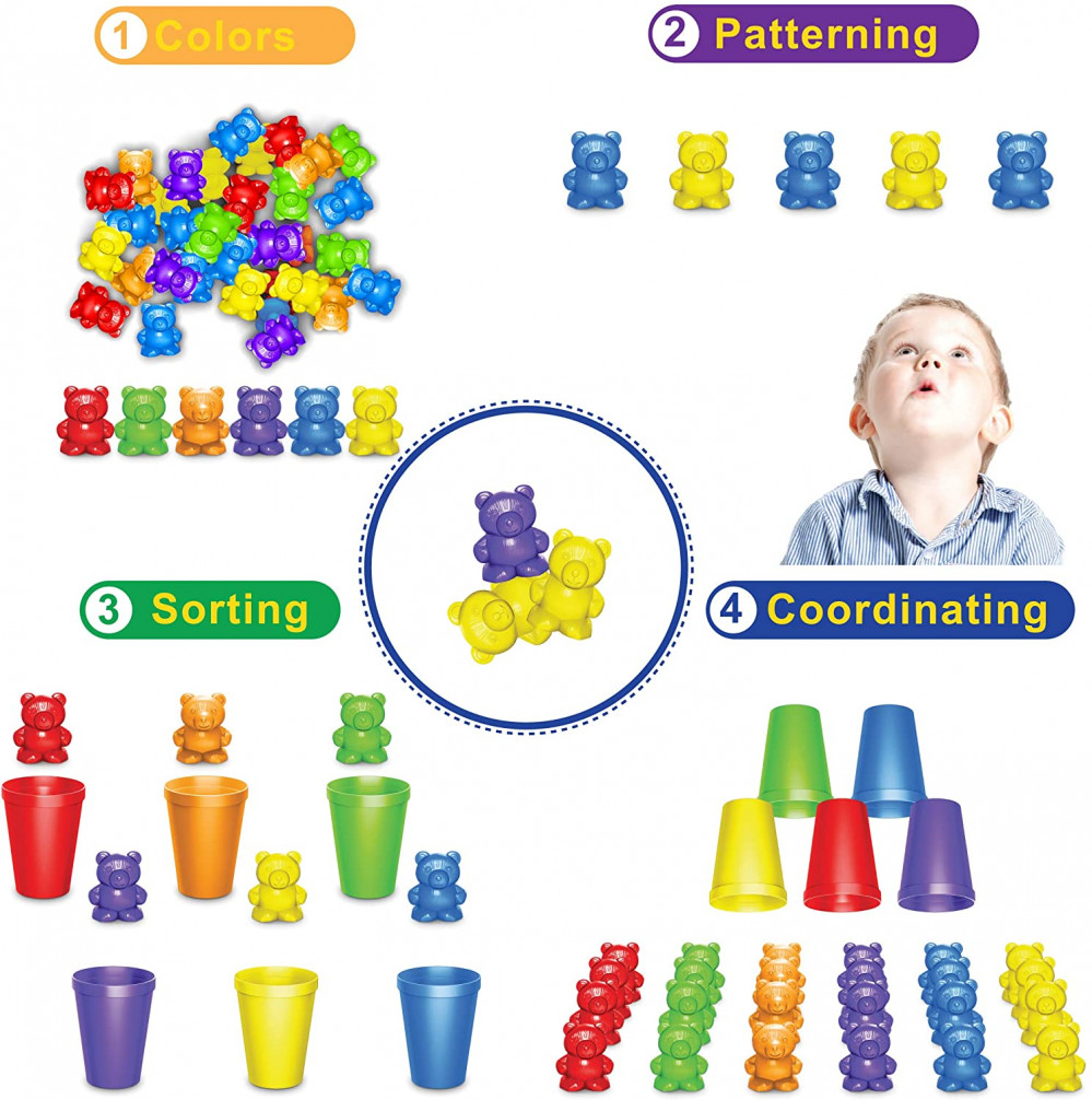 Rainbow Counting Bears w/ Matching Sorting Cups 67 Pcs Set + Storage Bag STEM _C
