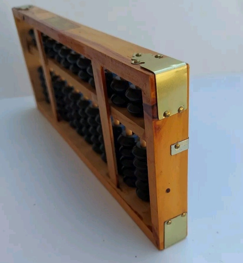 Vintage Abacus 13 Column Wood Calculator 7 Bead Rows 9½ X 4″ Metal Corners