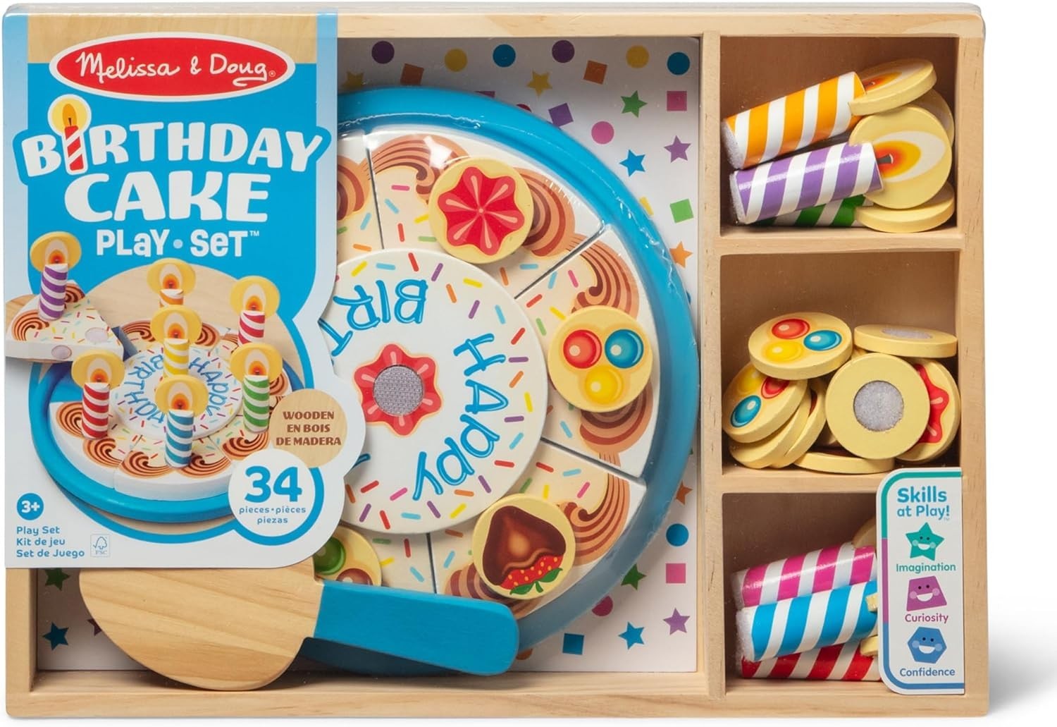 Melissa & Doug Birthday Party Cake – Wooden Play Food with Mix-n-Match Toppings