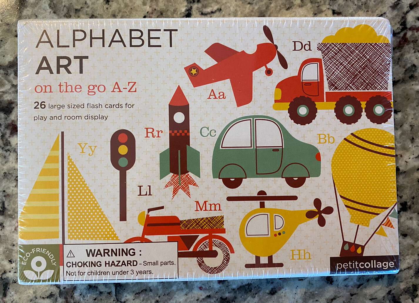 Petit Collage Alphabet Art On the Go A-Z 26 large flash cards Car Airplane Boat