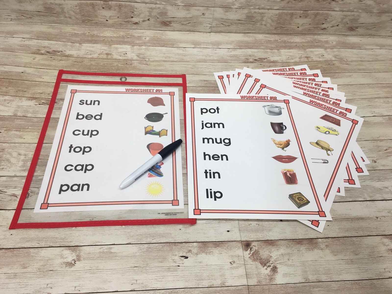 CVC WORDS – 10 Worksheets – with Reusable Dry Erase Pocket