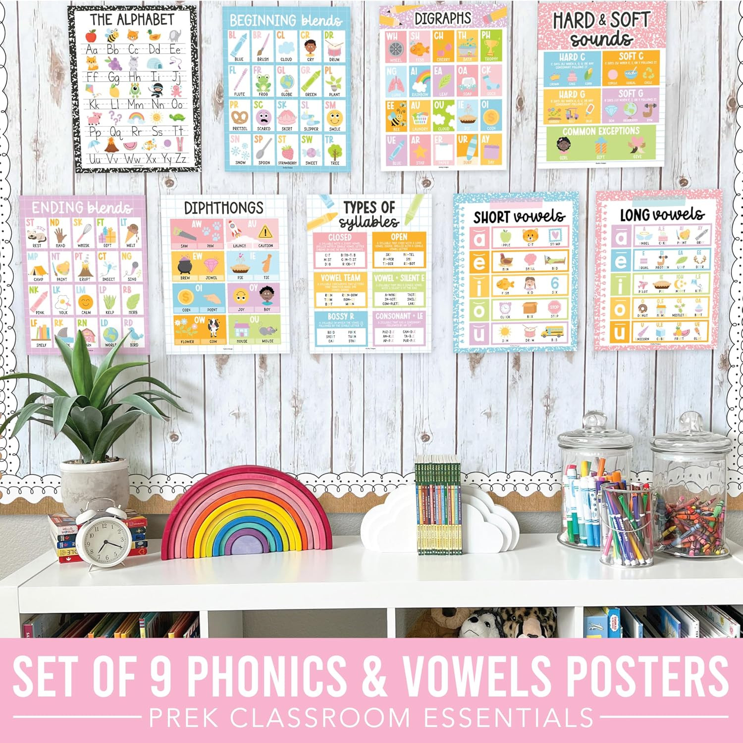 Phonics Posters for Classroom Must Haves – 9 Sound Wall for Kindergarten & Eleme
