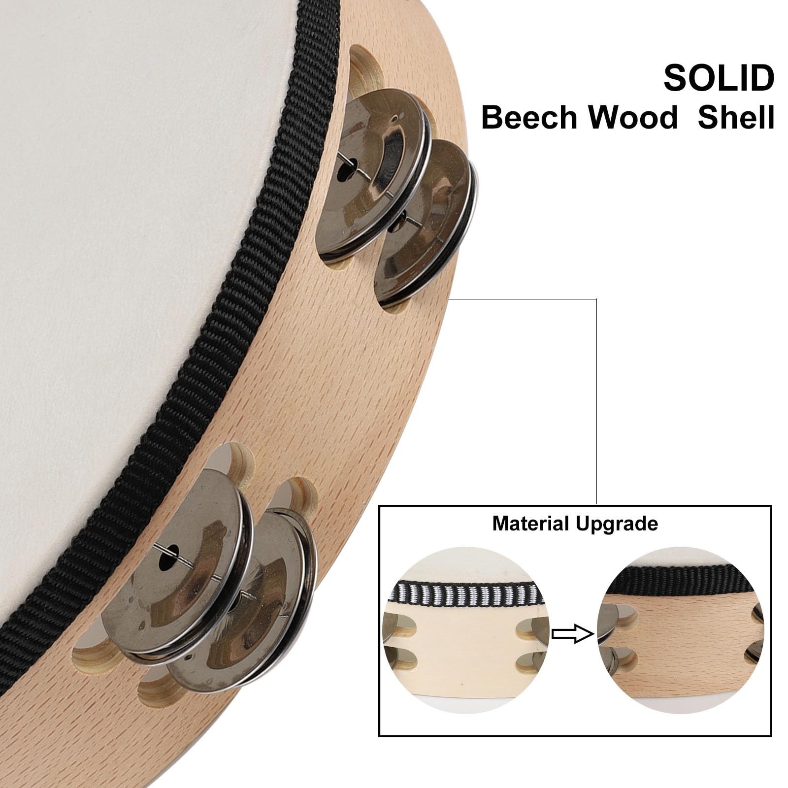LIEKE Goatskin Tambourine 10 Inch Beechwood Hand Held Drum for Adult with 8 P…
