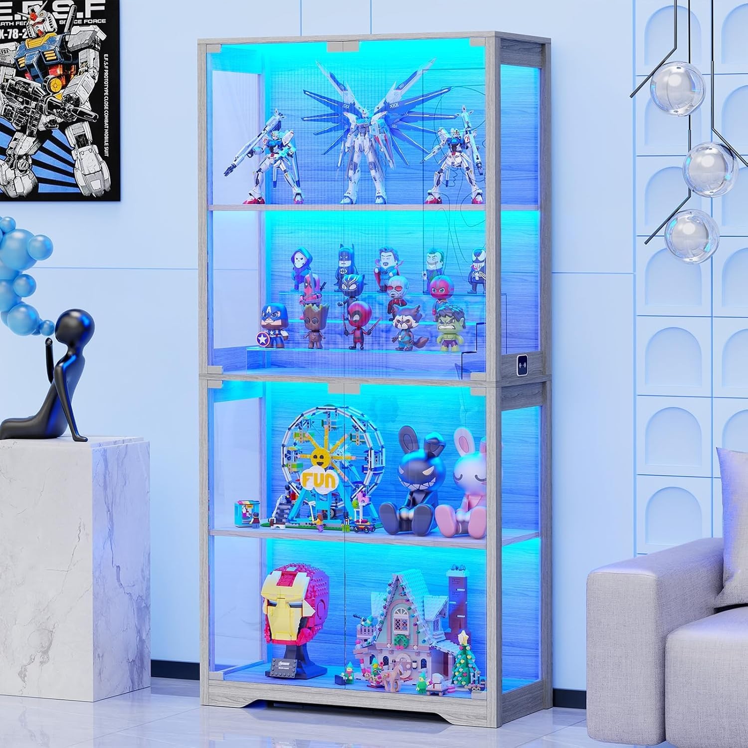 Display Cabinet with Glass Doors, 4-Tier Curio Cabinet with 3 Color Lights for