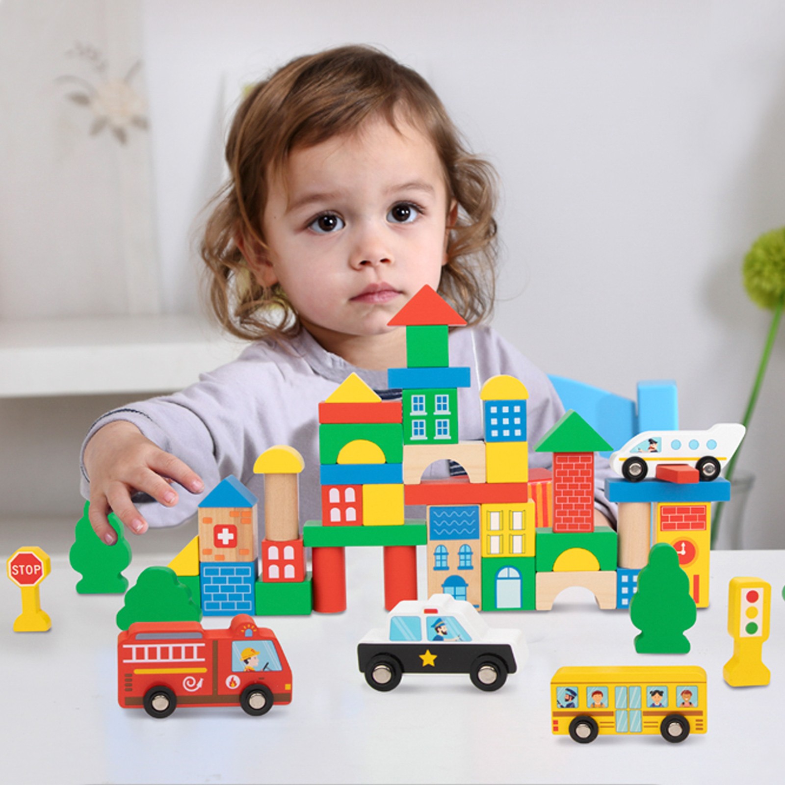 TOOKYLAND wooden building blocks -50pcs – stackable city set, 2 years +
