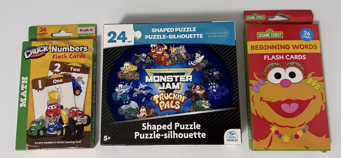 Monster Jam Puzzle, Tonka Chuck Numbers and Seame St Beginning Words Flash Cards