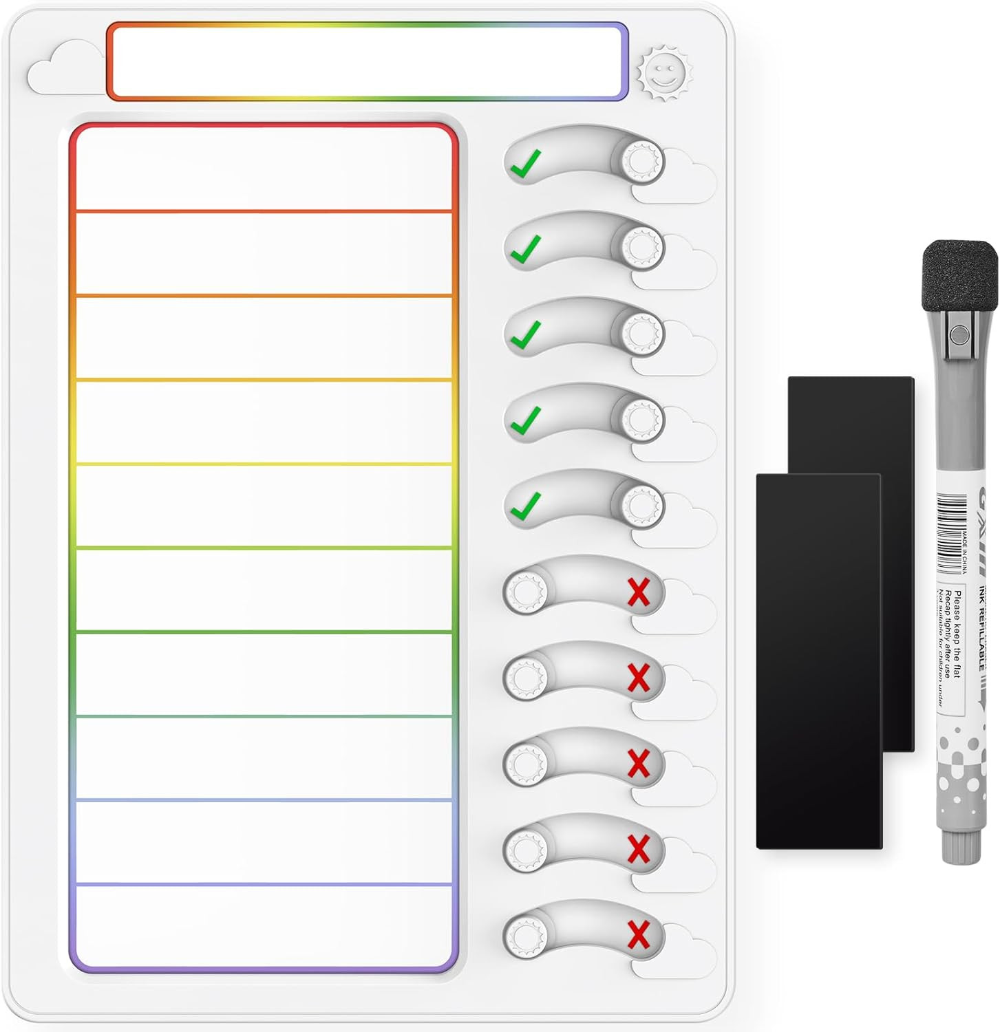 Kids Dry Erase Chore Chart for Fridge with 10 Sliders Magnetic Marker White