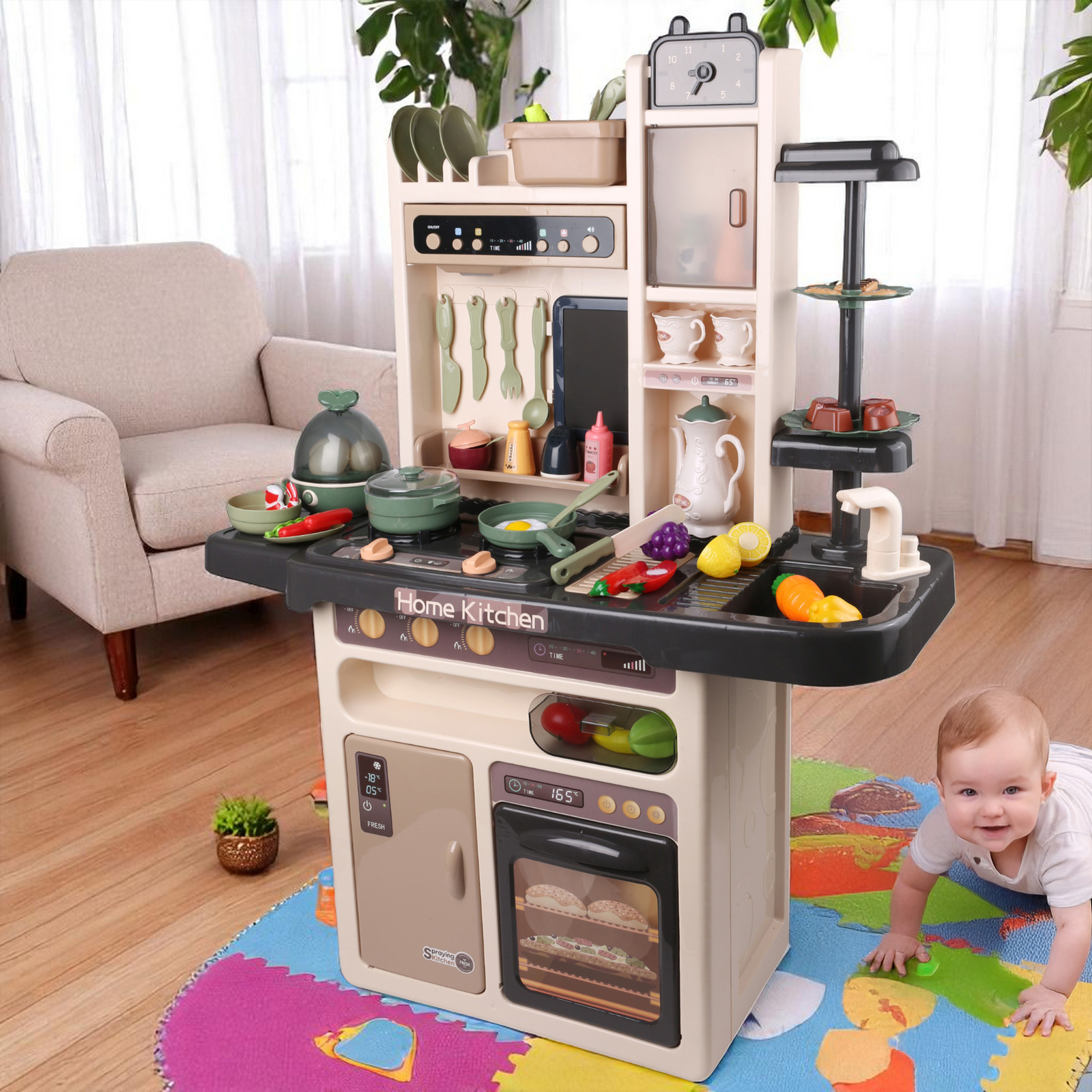 Interactive Kids Kitchen PlaySet with Steam, Light, Music & 65 Pcs Accessories