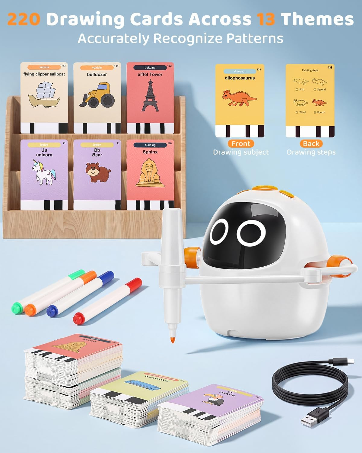 Drawing Robot for Kids 3-8 Rechargeable Interactive Montessori 200+ Cards 12 Pen