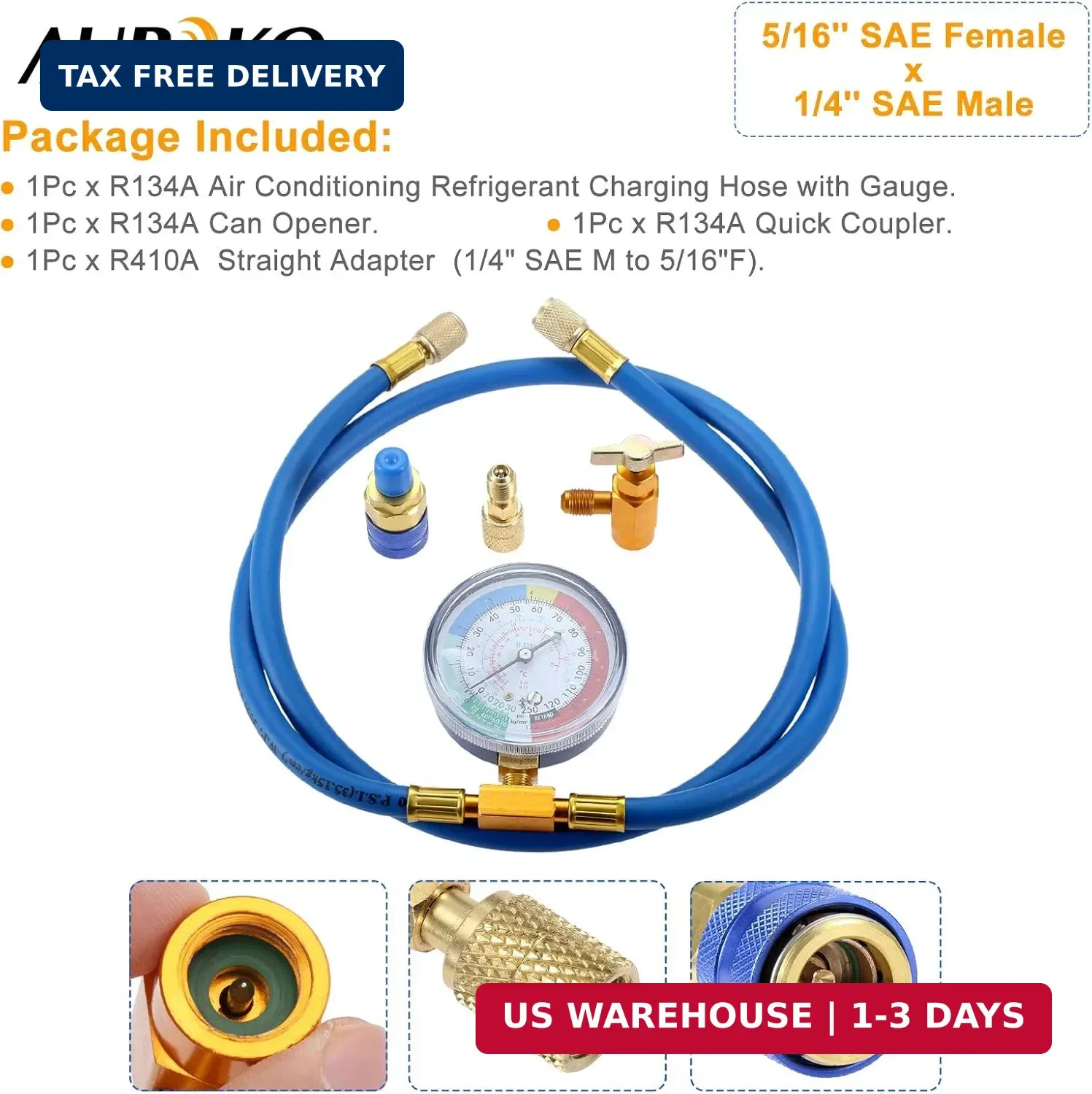 Aupoko R134A Recharge Hose Kit with Gauge, 59” AC Refrigerant Recharging Hose w
