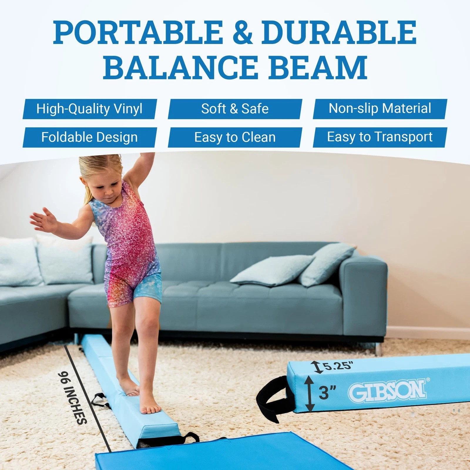 Kids Gymnastics Play Set with Foldable Home Balance Beam and Mats