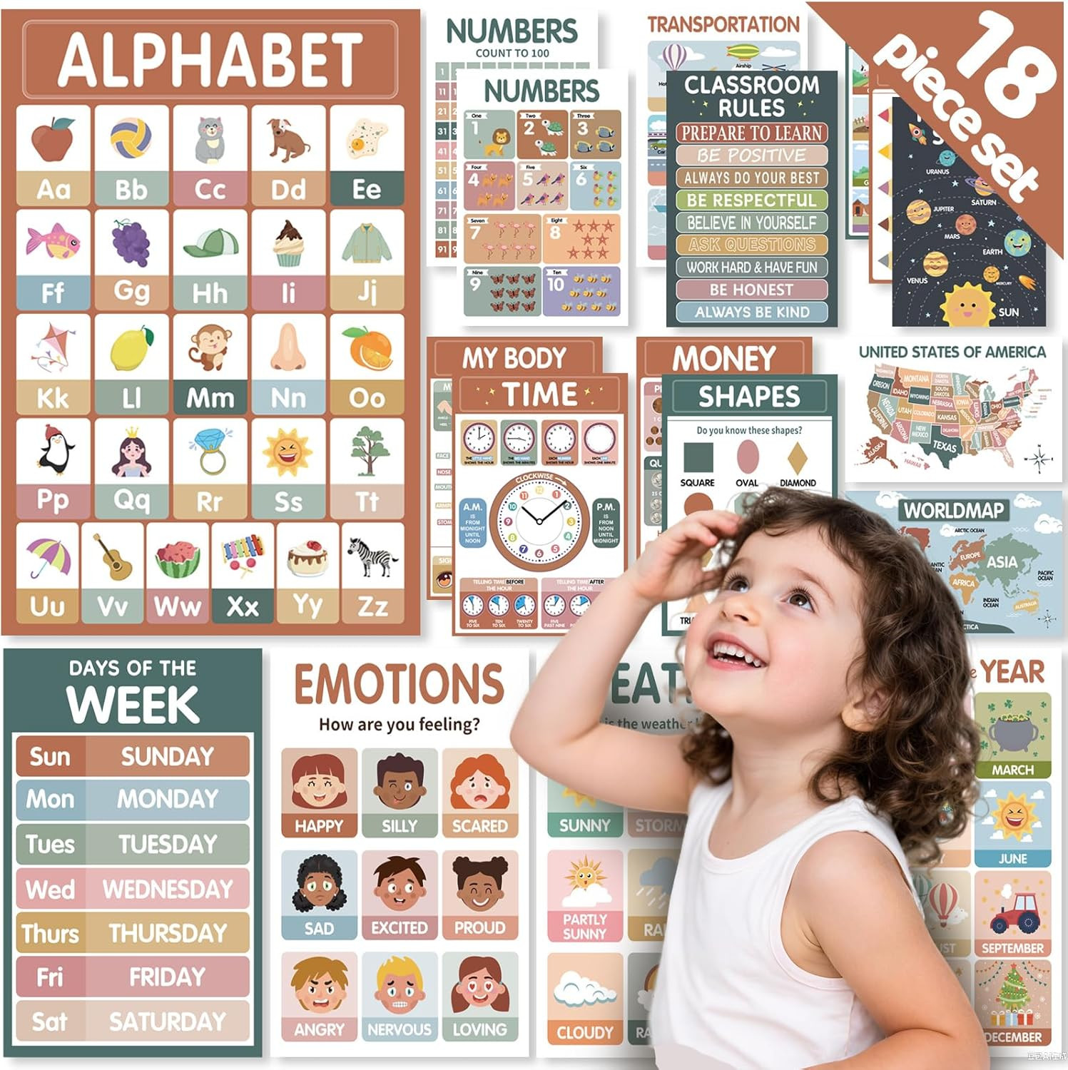 18 Toddler Learning Posters Laminated ABC Numbers Colors Shapes 11×17″ Preschool