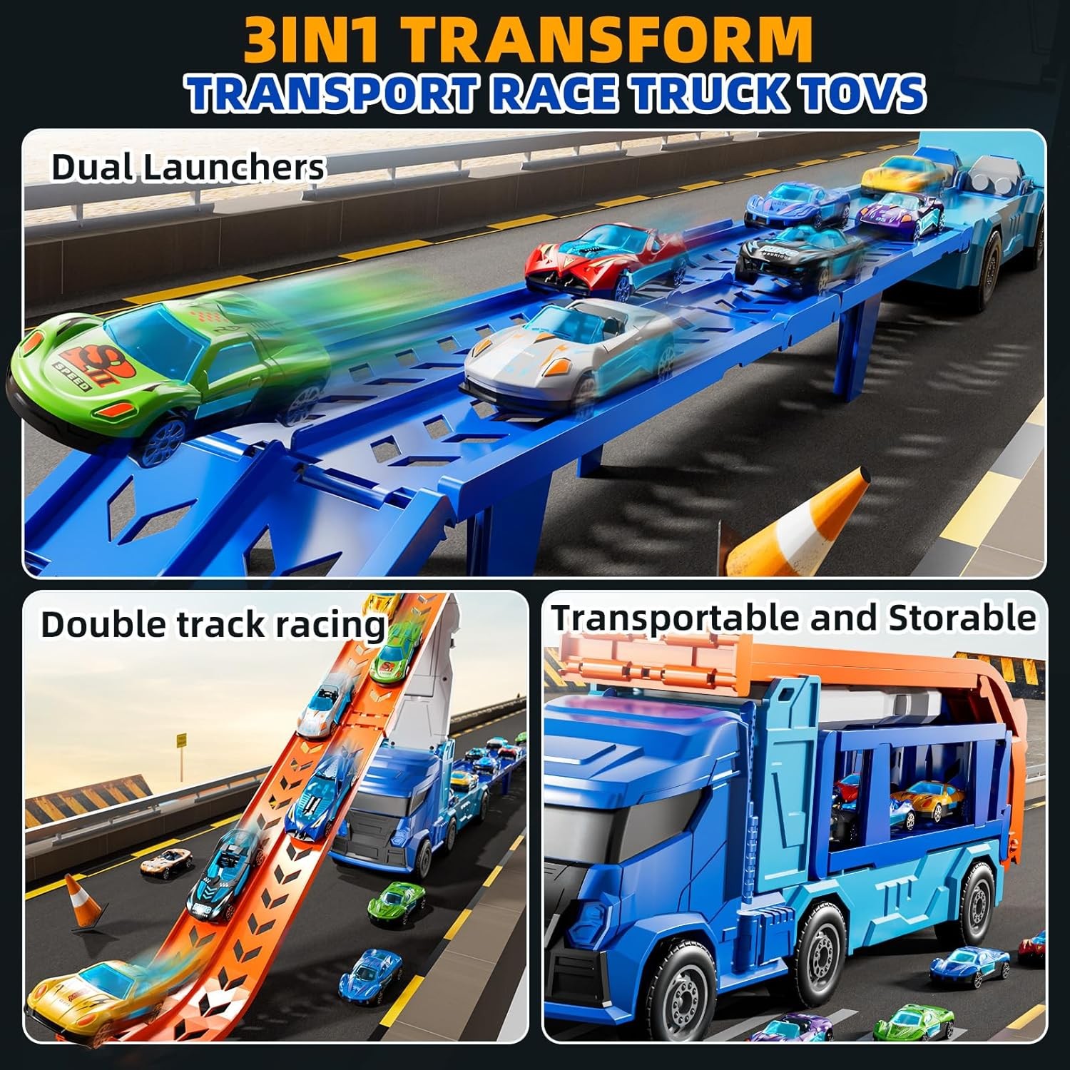 Truck Toys Car Track Set for 3 4 5 6 Years Old Boys, Carrier Truck Transporter C