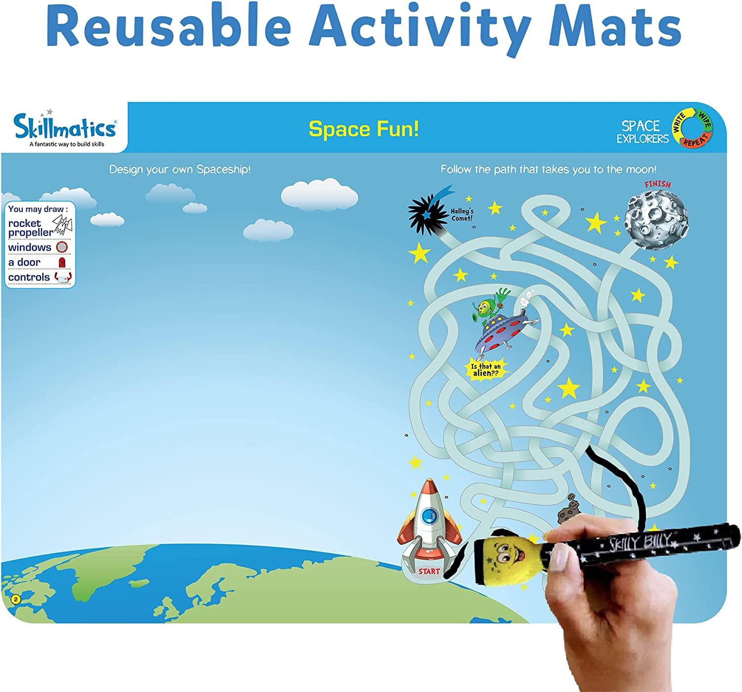 Skillmatics Educational Game Explorers Reusable Mats with 2 Dry Erase Markers +5