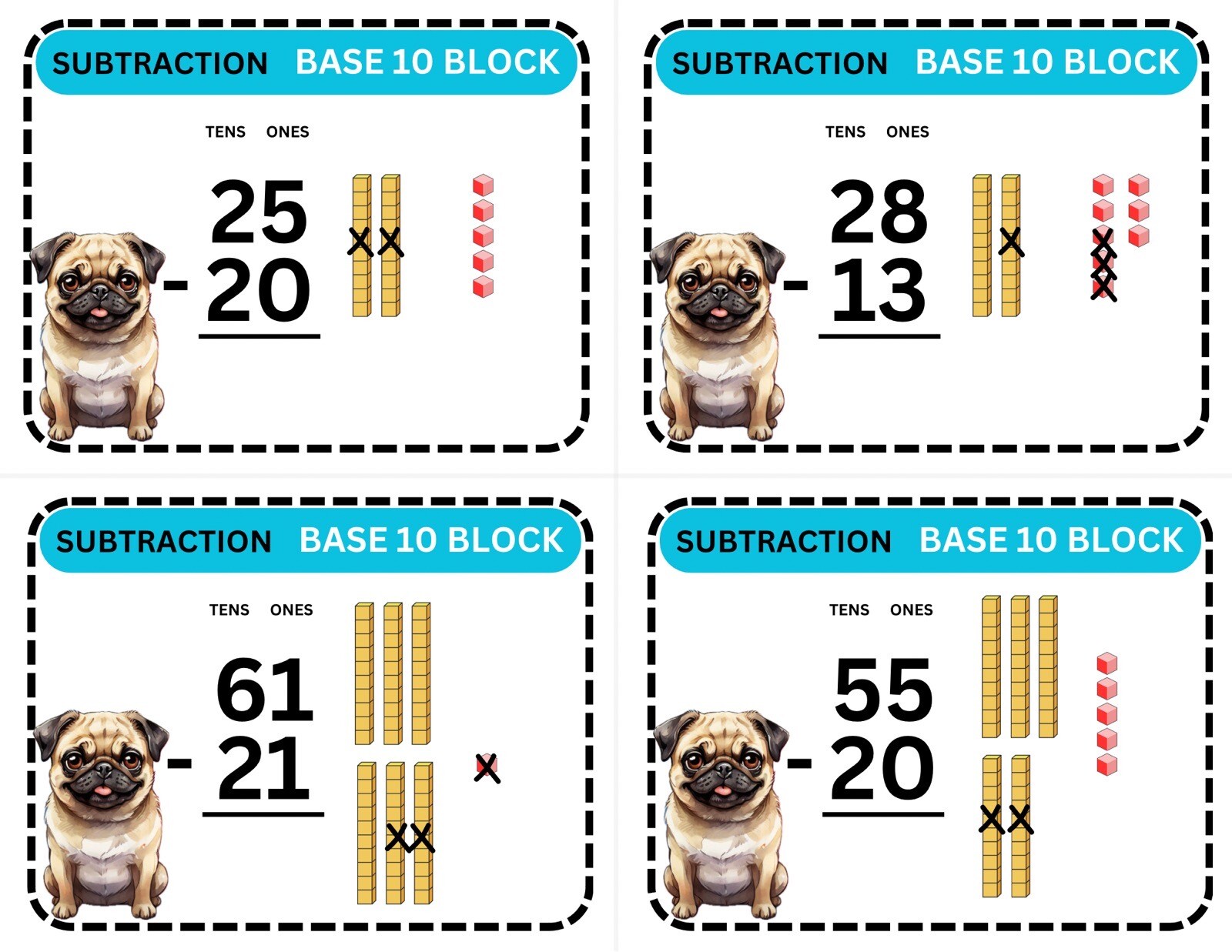 Subtraction Base10 – no Regrouping – 36 Cards – Laminated Activity – Doggy set1